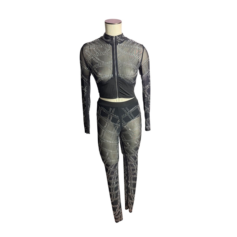 Fashion Nova 2 Piece Mesh Rhinestone Small Black Silver Zip Crop Top Leggings‎